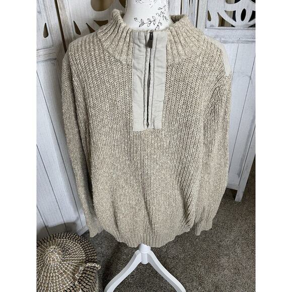 LL Bean Commando Sweater Henley Tan Knit Elbow Patches Mens Large Cotton - Picture 1 of 6